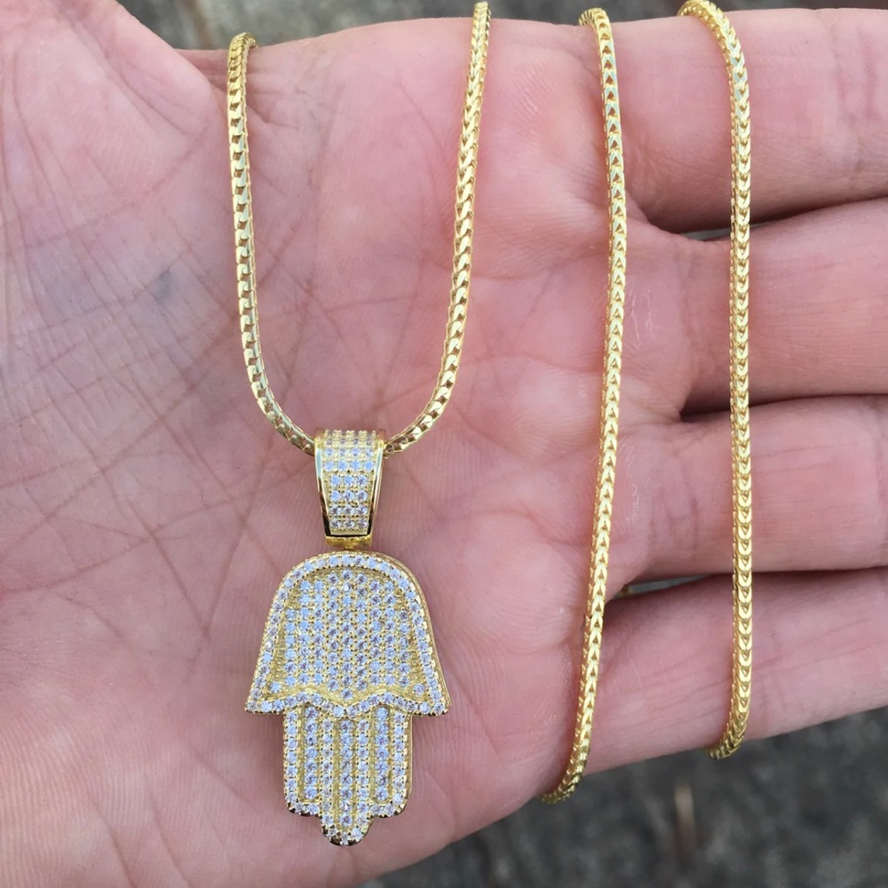 925 Sterling Silver CZs ICED OUT PAVE HAMSA PENDANT NECKLACE